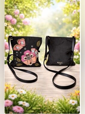 Prada Black Crossbody with Pink and Peach Floral Appliqués